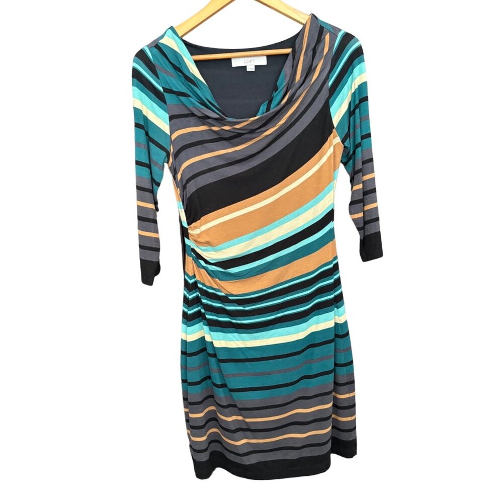 Loft Womens Multicolor Stripe Cowl Neck Lined 3/4 Sleeve Size XS Rouching